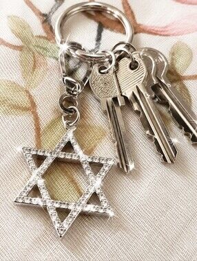 Star of David Jewish Rhinestone Silver Tone Purse Zipper Pet Charm Keychain NEW